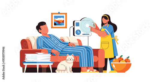 A man in pajamas undergoes home dialysis treatment on a sofa with a nurse adjusting the machine, while a cat sits nearby in a cozy living room setting.