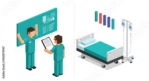 An isometric illustration shows doctors analyzing patient data on a digital screen next to an empty hospital bed with an IV stand, representing modern healthcare analytics.