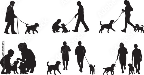 Silhouettes of people walking and playing with dogs on leashes isolated on white background