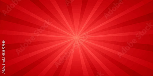A bright red and orange radial star burst vector illustration with glowing sun rays and energy beams creating a vibrant backdrop pattern for an explosion of light and color