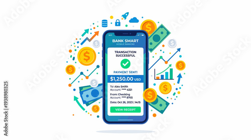 Successful mobile banking transaction on smartphone with money graphics