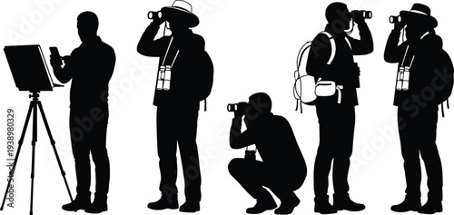 A collection of black vector silhouettes illustrating diverse outdoor hobbyists and professionals: a birdwatcher with binoculars, a wildlife photographer, and a painter, isolated on white,