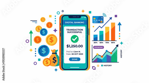 Successful digital banking transaction on smartphone with financial growth charts