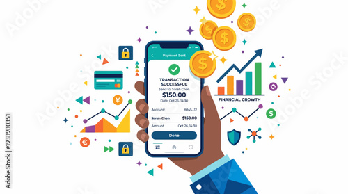 Successful mobile payment with financial growth graphics