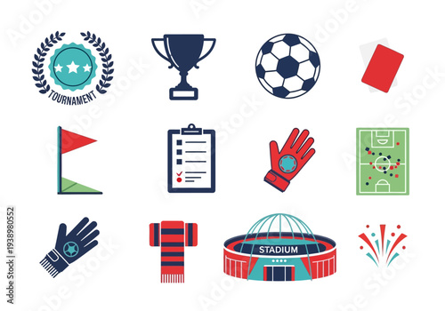 Dynamic vector illustration set for soccer tournament elements, featuring essential game symbols, equipment, and stadium visuals for competitive events.