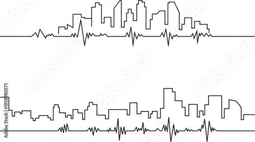Modern city skyline silhouette with heartbeat pulse line representing urban life and medical concept vector illustration