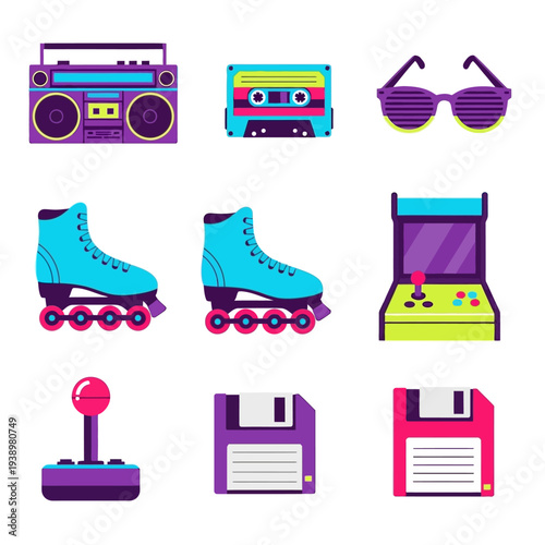 Nostalgic Collection of Colorful Vintage Tech, Gaming, and Lifestyle Objects from the Eighties and Nineties Era