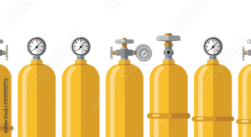 Yellow gas cylinders with pressure gauges on top for industrial use