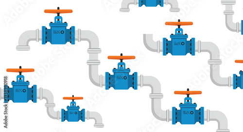 Industrial blue valves and pipes on white background for engineering designs
