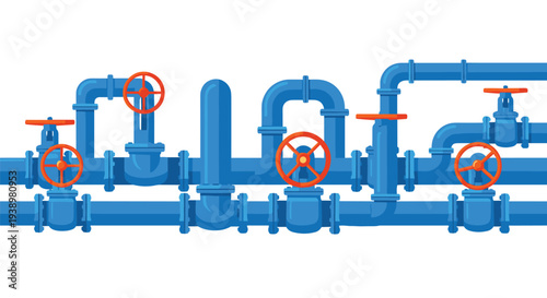 Industrial blue pipes with orange valves on white background