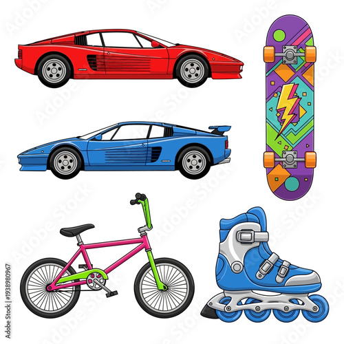 Classic 80s and 90s inspired vector illustration of sports cars, skateboard, BMX bike, and inline skate for retro recreation