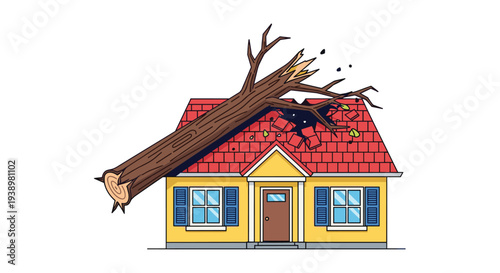Tree branch crashing into house roof during storm damage