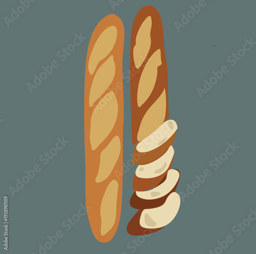 long bread. Appetizing whole baguette bread baked goods bakery. Fresh bread roll long with pieces slices. 