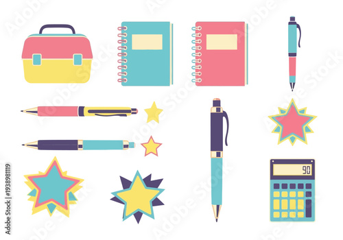 Colorful flat vector illustration of school and office items: notebooks, pens, calculator, lunchbox. Ideal for education.