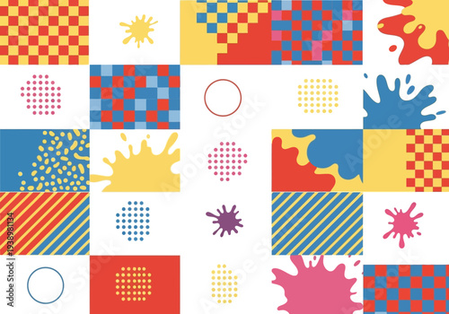 Dynamic mosaic of vibrant abstract patterns featuring geometric shapes, fluid splatters, and textured backgrounds for modern design elements.