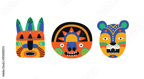African ethnic mask illustration set. Tribal head or face art decorative national design. Exotic masquerade ancient culture ornament. Flat bright doodle boho style, symbol cartoon. Print, Africa.