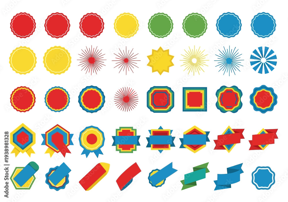 Fototapeta premium Versatile Collection of Colorful Flat Design Graphic Elements: Assorted Vector Labels, Ribbons, and Badges for Digital Projects