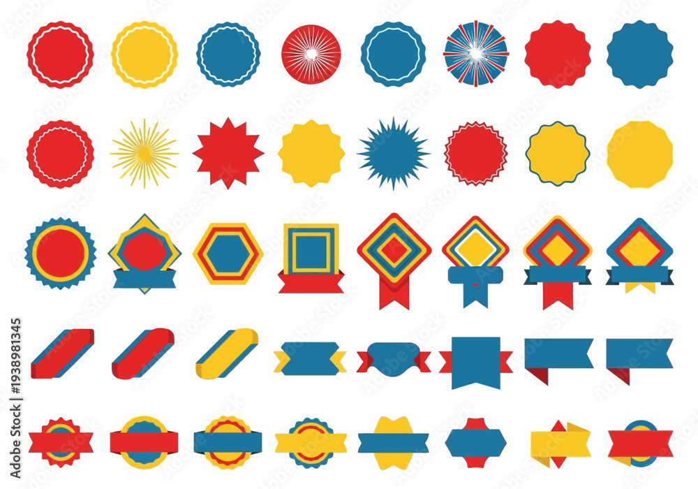 Fototapeta premium Collection of Colorful Flat Vector Graphic Design Elements Featuring Assorted Badge, Ribbon, and Label Shapes for Creative Projects