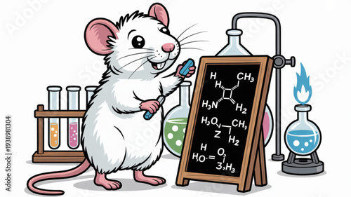 Smiling cartoon mouse in lab with chalkboard and test tubes chemistry experiment