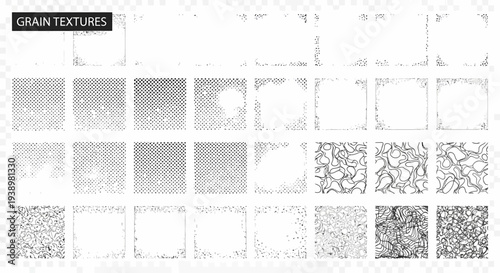 Dynamic collection of grain textures and distress patterns for graphic design, providing versatile grunge, noise, and vintage overlays to enhance digital art