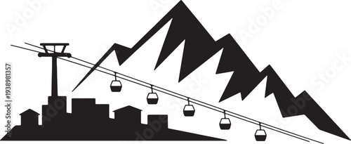 Mountain ski resort silhouette with cable car gondolas and village houses against sharp peak backdrop vector illustration