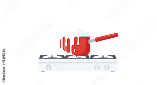 Vibrant red saucepan boiling on modern gas stovetop with steam rising