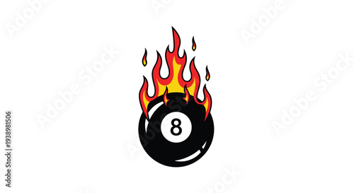 Flaming eight ball with vibrant red and orange flames rising