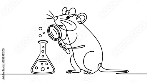 Curious mouse in lab coat examines bubbling beaker with magnifying glass science experiment
