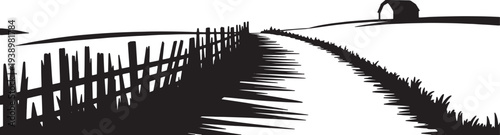 Rural landscape with wooden fence and dirt road, countryside farm scenery vector art vector illustration