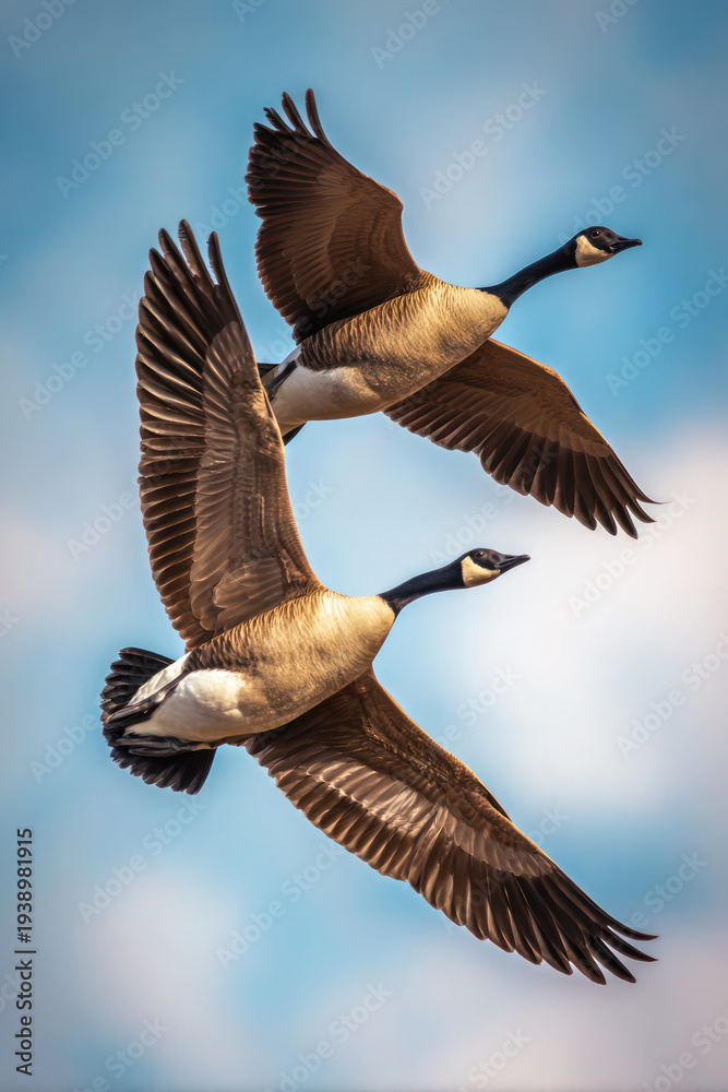 Obraz premium Two Canada Geese Flying Together in Blue Sky Wildlife Bird Migration