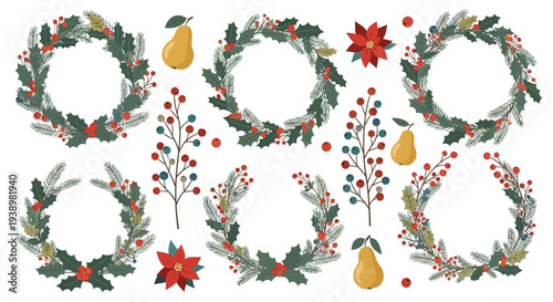 Christmas Wreaths and Decorations: Holly, Berries, Pears, and Poinsettias