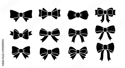 Collection of 12 Black Bow Silhouettes on White Background, Vector Graphics