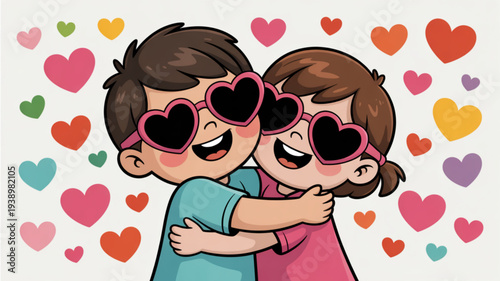 Cartoon couple embracing with heart shaped sunglasses surrounded by colorful hearts on white background love and affection concept