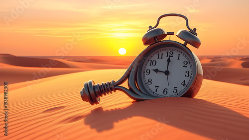Dreamlike Melting Clock in Desert Wide Angle View