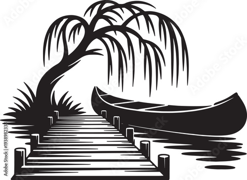 Rustic wooden dock and canoe silhouette under weeping willow tree near lake water vector illustration vector illustration