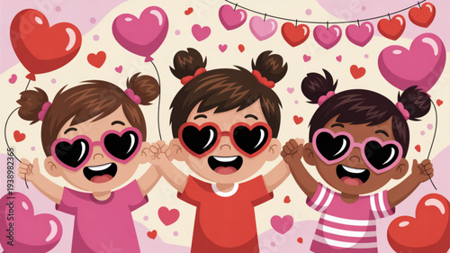 Three diverse girls with heart shaped sunglasses holding balloons on valentine's day with festive background