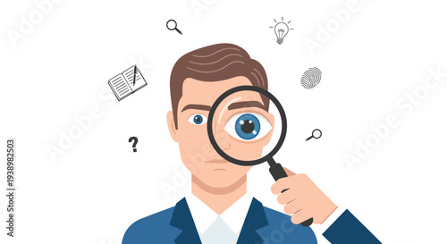 Businessman searching for answers with magnifying glass and ideas