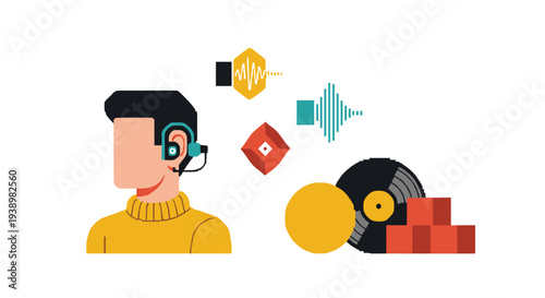 A faceless illustrated character wears a headset and listens to audio, surrounded by a vinyl record, sound waves, and abstract shapes on a plain white background.