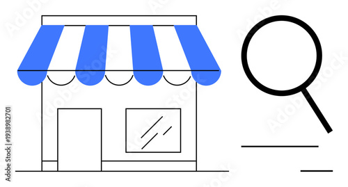 Storefront with striped awning next to magnifying glass indicating analysis, research, or local business discovery. Ideal for business, retail, analysis, data, search marketing small business. A