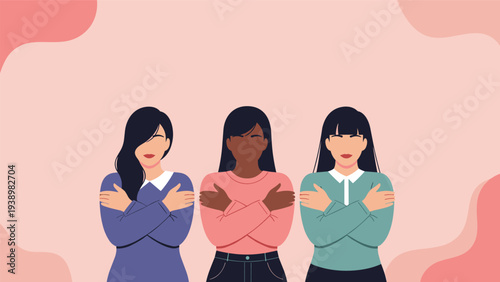 Meaningful illustration of three women of different ethnicities hugging themselves as a symbol of self-love and empowerment.