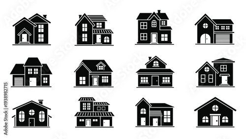 Professional collection of black silhouettes of different suburban houses and residential buildings isolated on white.