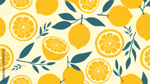 Refreshing seamless pattern of bright yellow lemons both whole and sliced with dark green leaves on a light background.