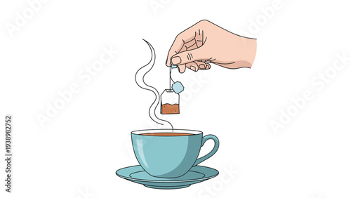 Simple illustration of a hand dipping a tea bag into a blue ceramic cup of hot tea with rising steam against white.