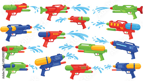 Colorful collection of plastic water guns in various designs and bright colors spraying water on a white background.