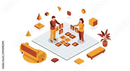 A man and a woman work together, placing user profile cards onto a grid in an abstract isometric environment with geometric shapes.