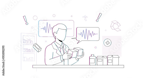 A pharmacist character in a line art style analyzes medication boxes while soundwave graphs appear in speech bubbles around him.