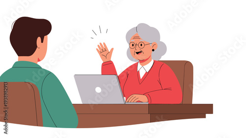 Heartwarming flat illustration of an elderly woman sitting at a desk with a laptop waving to a younger man.