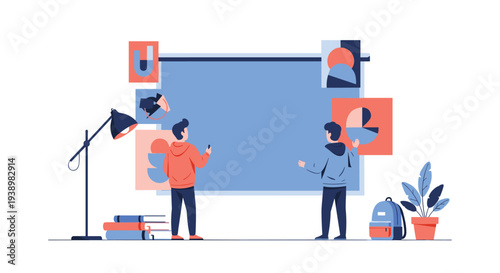 Two young men collaborate in front of a large digital whiteboard, surrounded by floating interface elements and charts in a minimalist workspace.