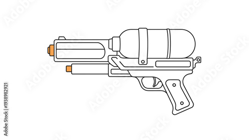 Detailed black outline illustration of a large water gun or water blaster toy with a water tank isolated on a plain white background.