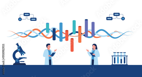 Two scientists in a laboratory analyze data represented by colorful bar graphs intertwined with abstract DNA double helix structures.